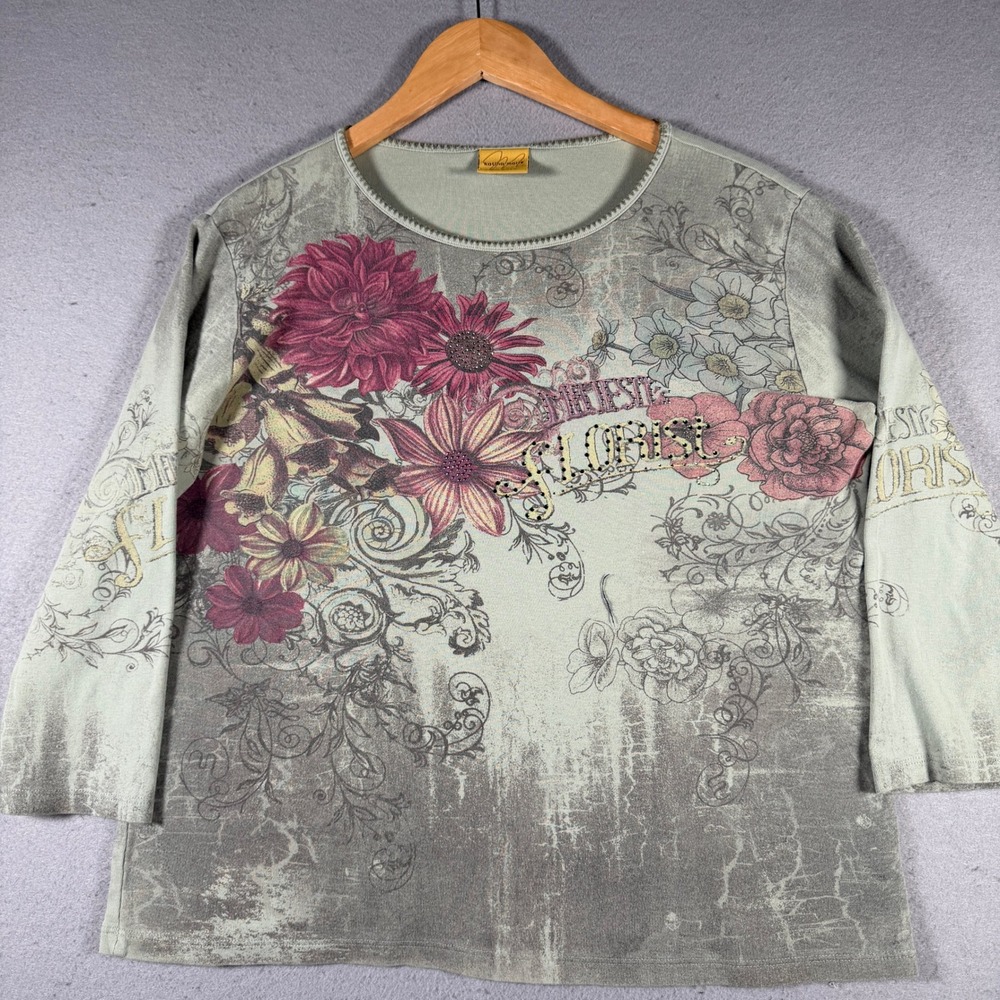 Katina Marie Womens Large Floral Florist Graphic Top Sage Green Rhinestone USA